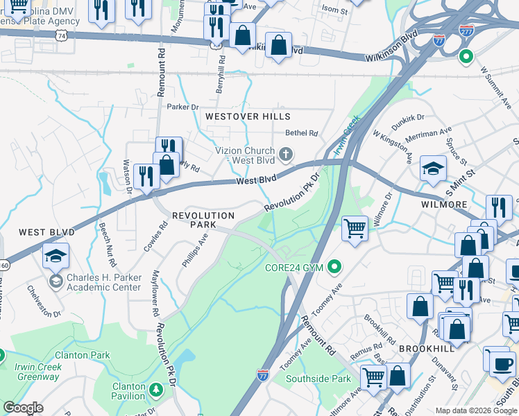map of restaurants, bars, coffee shops, grocery stores, and more near 2500 Barringer Drive in Charlotte