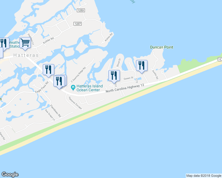 map of restaurants, bars, coffee shops, grocery stores, and more near 56910 North Carolina 12 in Hatteras