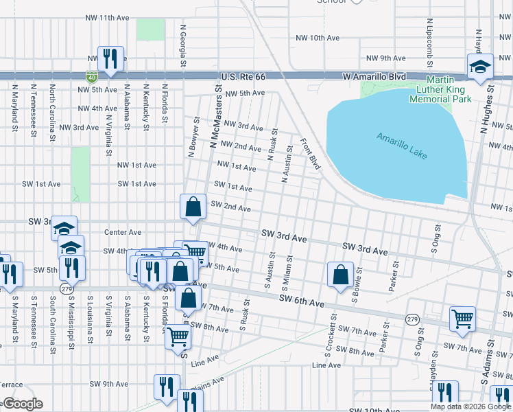 map of restaurants, bars, coffee shops, grocery stores, and more near 2302 Southwest 2nd Avenue in Amarillo
