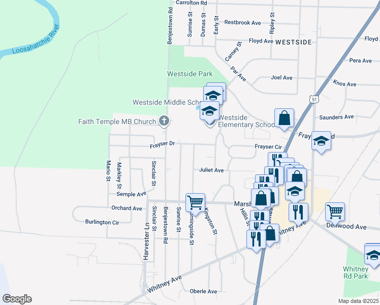 map of restaurants, bars, coffee shops, grocery stores, and more near 3291 Morningside Street in Memphis