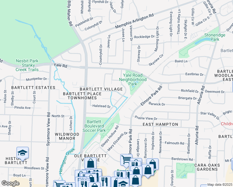 map of restaurants, bars, coffee shops, grocery stores, and more near 6131 Ainsworth Street in Bartlett