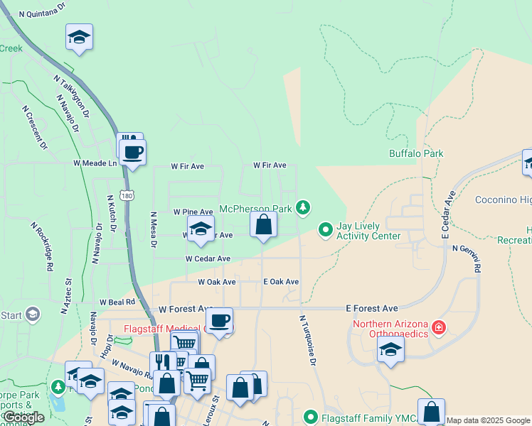 map of restaurants, bars, coffee shops, grocery stores, and more near 1802 North San Francisco Street in Flagstaff
