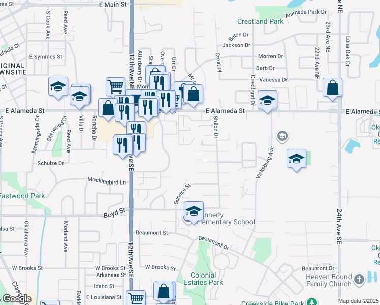 map of restaurants, bars, coffee shops, grocery stores, and more near 1602 Sheffield Drive in Norman