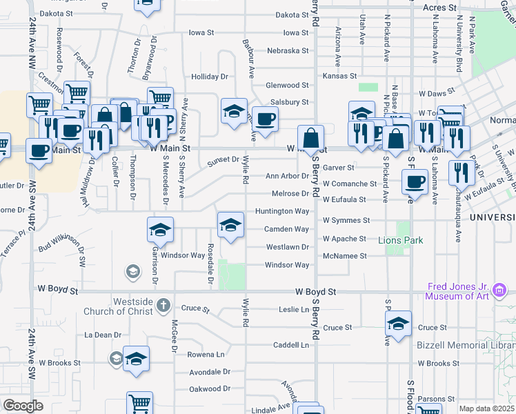 map of restaurants, bars, coffee shops, grocery stores, and more near 1409 Huntington Way in Norman