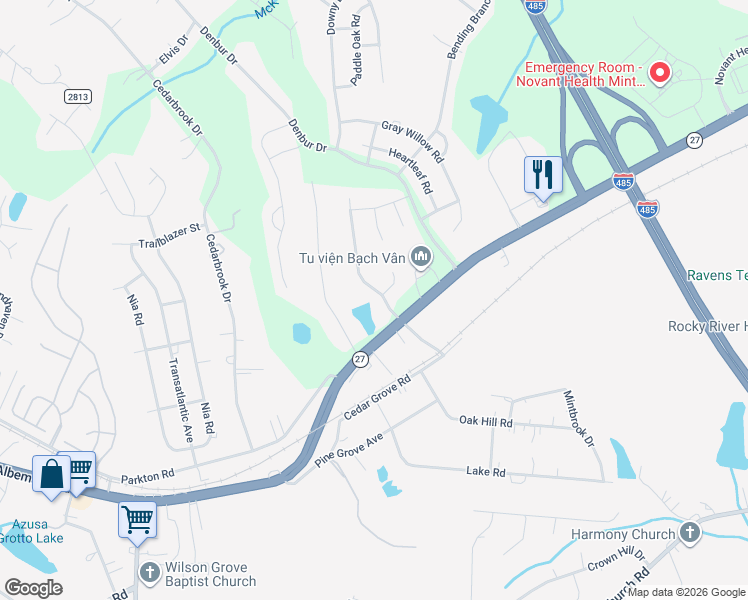 map of restaurants, bars, coffee shops, grocery stores, and more near 7128 Cedarfield Road in Charlotte