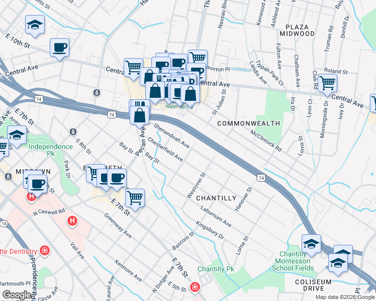 map of restaurants, bars, coffee shops, grocery stores, and more near 2140 Shenandoah Avenue in Charlotte