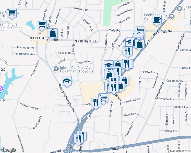 map of restaurants, bars, coffee shops, grocery stores, and more near 3288 Leschallas Dr in Memphis