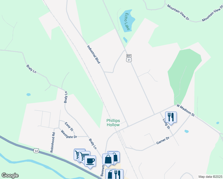 map of restaurants, bars, coffee shops, grocery stores, and more near 298 Industrial Boulevard in Pulaski