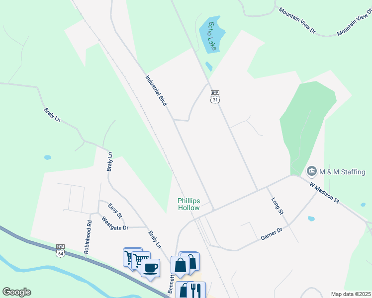 map of restaurants, bars, coffee shops, grocery stores, and more near 298 Industrial Boulevard in Pulaski
