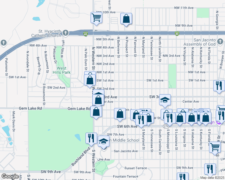map of restaurants, bars, coffee shops, grocery stores, and more near 201 South Forest Street in Amarillo