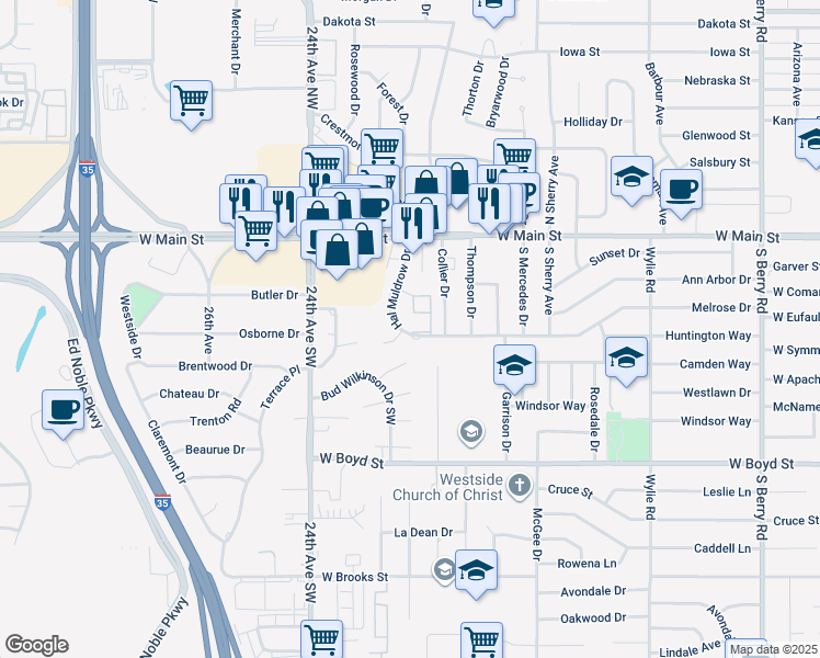 map of restaurants, bars, coffee shops, grocery stores, and more near 333 Hal Muldrow Drive in Norman