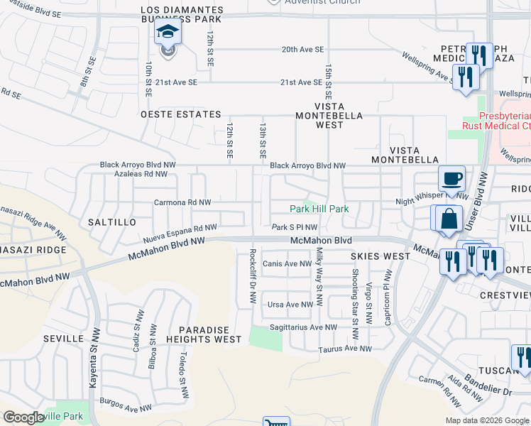 map of restaurants, bars, coffee shops, grocery stores, and more near 10901 Park North Street Northwest in Albuquerque