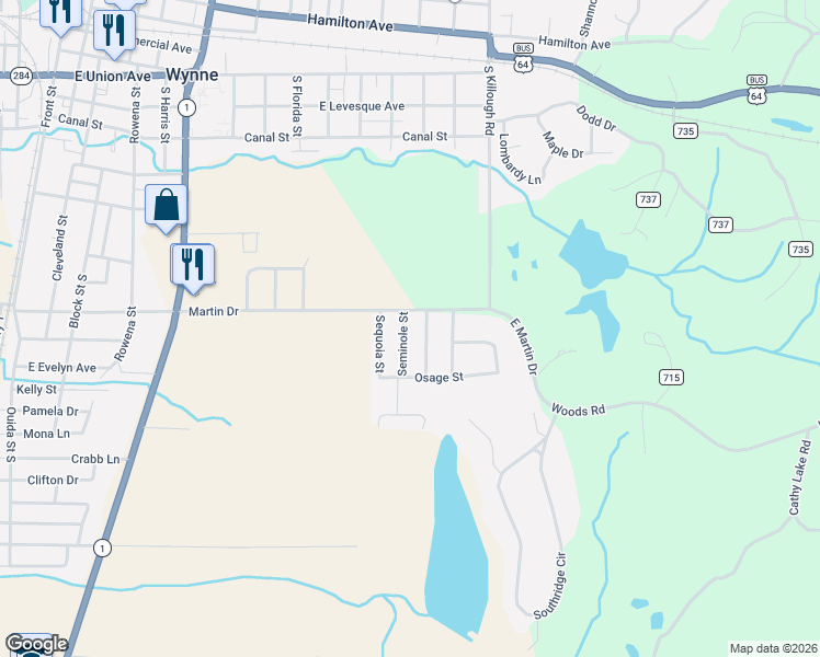 map of restaurants, bars, coffee shops, grocery stores, and more near 108 Seminole Street in Wynne