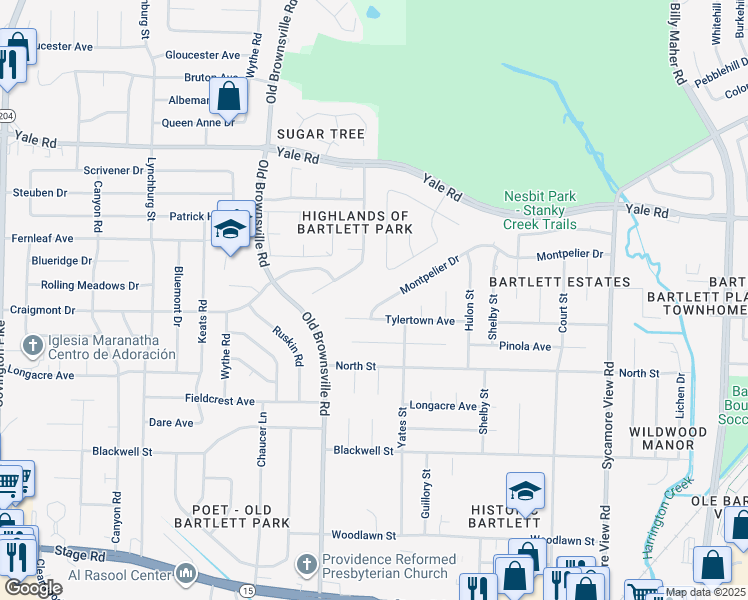 map of restaurants, bars, coffee shops, grocery stores, and more near 5548 Montpelier Drive in Bartlett