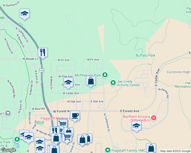 map of restaurants, bars, coffee shops, grocery stores, and more near 1802 North San Francisco Street in Flagstaff
