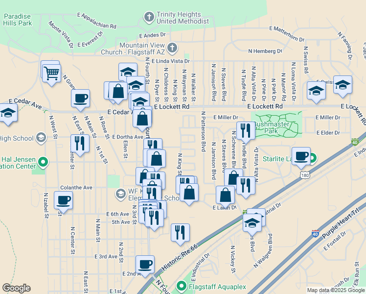 map of restaurants, bars, coffee shops, grocery stores, and more near 2649 Heidi Loop in Flagstaff