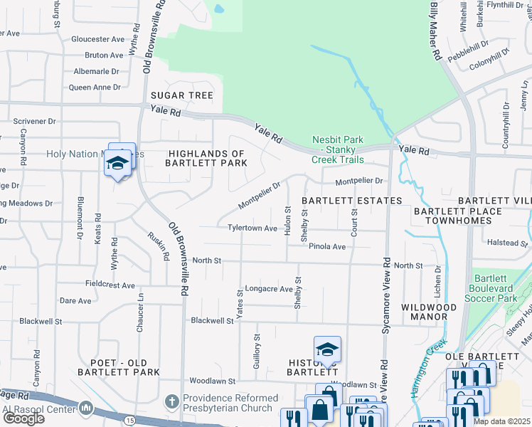 map of restaurants, bars, coffee shops, grocery stores, and more near 3289 Tylertown Cove in Bartlett