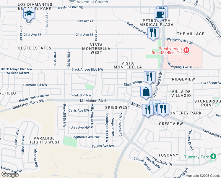 map of restaurants, bars, coffee shops, grocery stores, and more near 10908 Dream Weaver Drive Northwest in Albuquerque