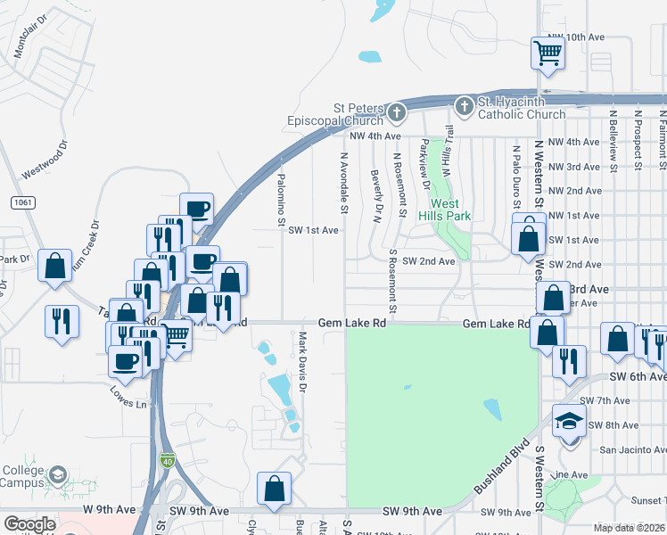 map of restaurants, bars, coffee shops, grocery stores, and more near 200-210 South Avondale Street in Amarillo