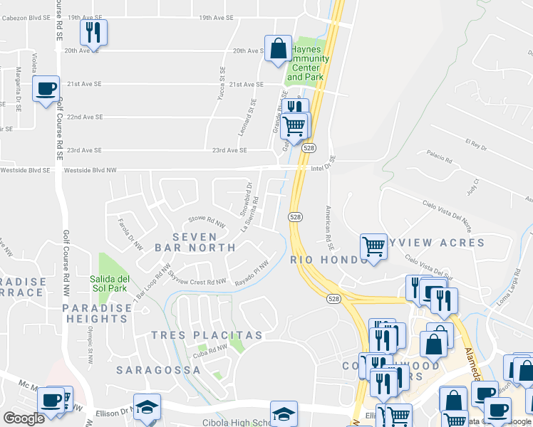 map of restaurants, bars, coffee shops, grocery stores, and more near 10915 Montecillo Drive Northwest in Albuquerque
