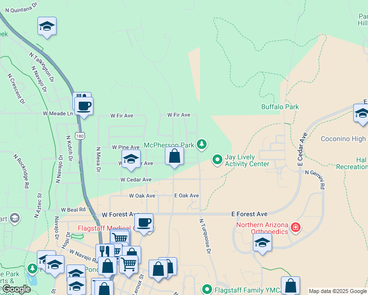 map of restaurants, bars, coffee shops, grocery stores, and more near 1802 North San Francisco Street in Flagstaff