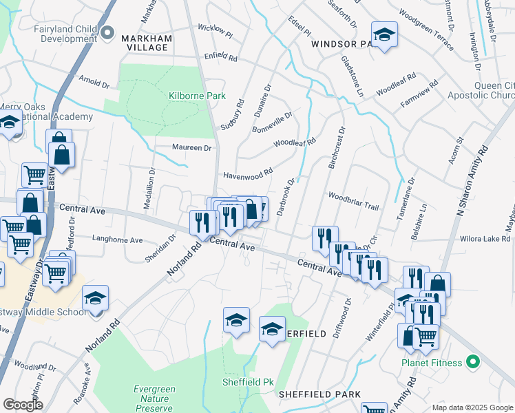 map of restaurants, bars, coffee shops, grocery stores, and more near 2630 Eastport Road in Charlotte