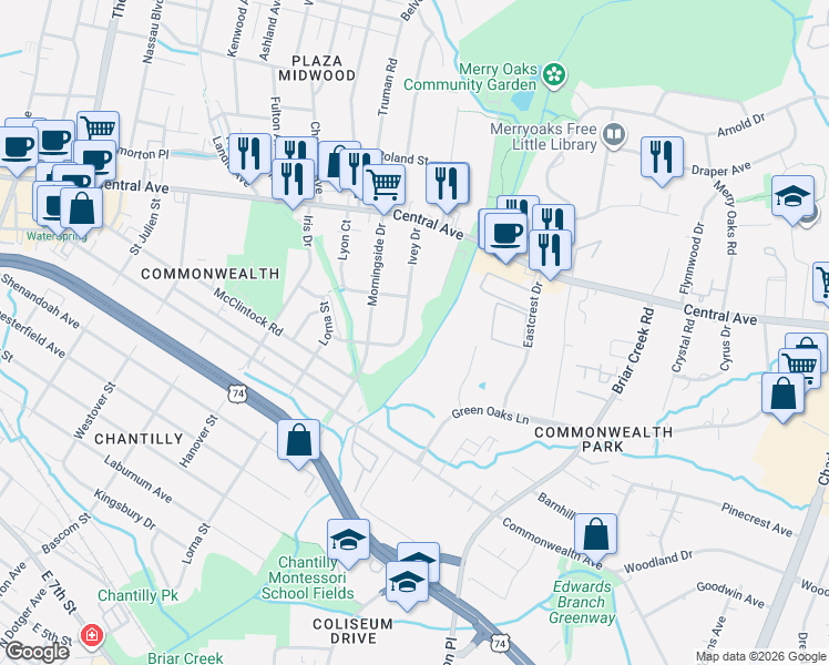 map of restaurants, bars, coffee shops, grocery stores, and more near 1314 Ivey Dr in Charlotte