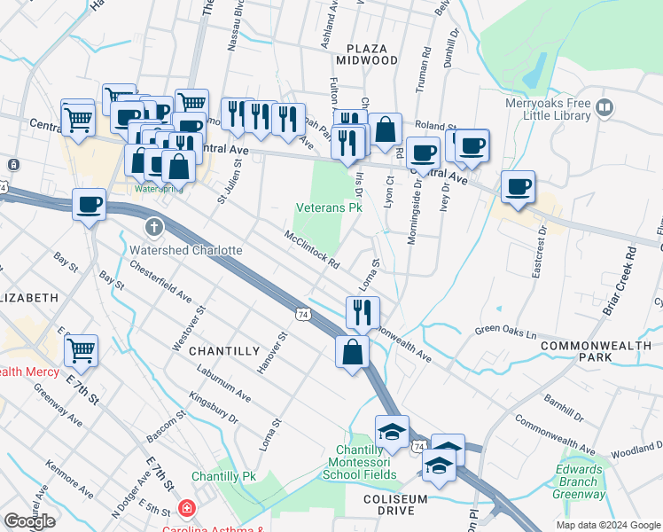map of restaurants, bars, coffee shops, grocery stores, and more near 1222 Hanover Street in Charlotte