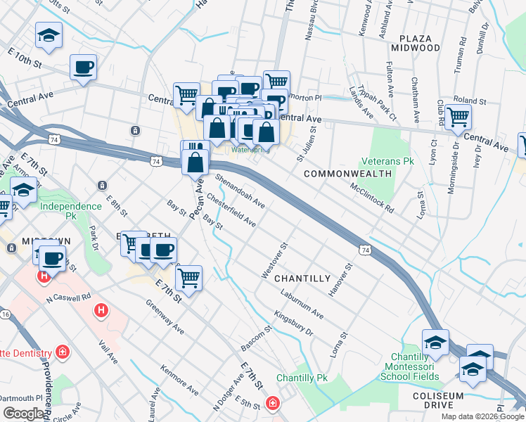 map of restaurants, bars, coffee shops, grocery stores, and more near 2140 Shenandoah Avenue in Charlotte