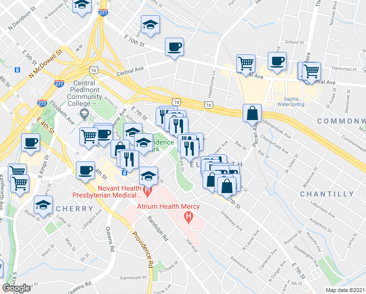 map of restaurants, bars, coffee shops, grocery stores, and more near 1721 East 7th Street in Charlotte