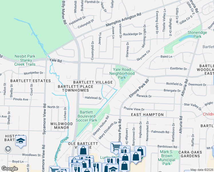 map of restaurants, bars, coffee shops, grocery stores, and more near 6131 Ainsworth Street in Bartlett