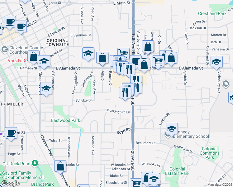 map of restaurants, bars, coffee shops, grocery stores, and more near 912 Creston Way in Norman
