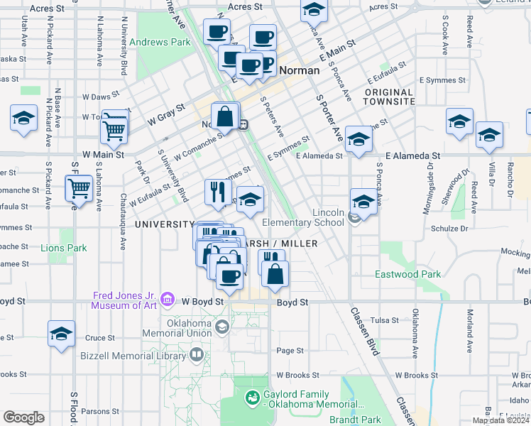 map of restaurants, bars, coffee shops, grocery stores, and more near 102 West Linn Street in Norman