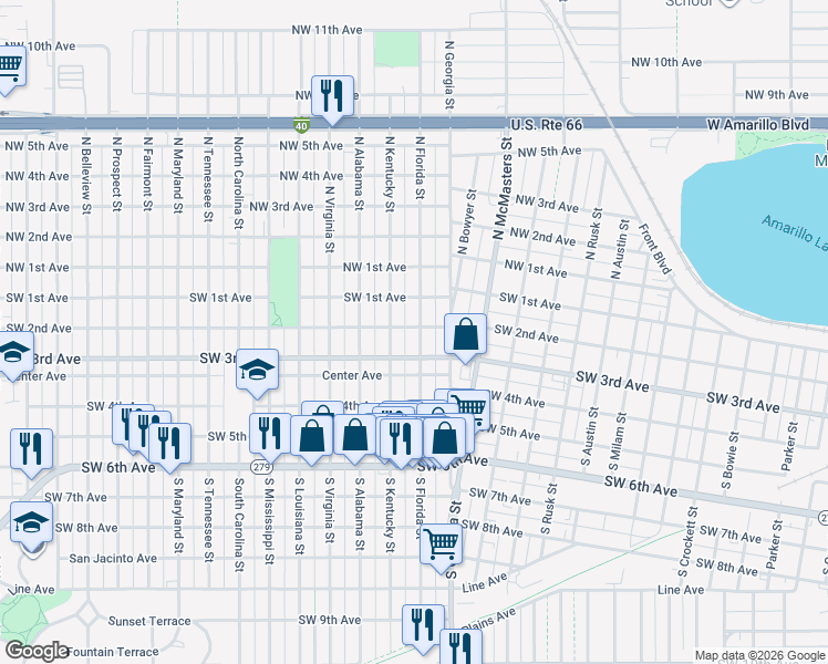 map of restaurants, bars, coffee shops, grocery stores, and more near 200 South Florida Street in Amarillo