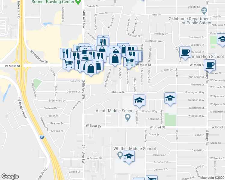 map of restaurants, bars, coffee shops, grocery stores, and more near 2129 Melrose Drive in Norman