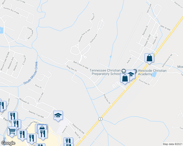 map of restaurants, bars, coffee shops, grocery stores, and more near 307 Bellcrest Drive in Cleveland