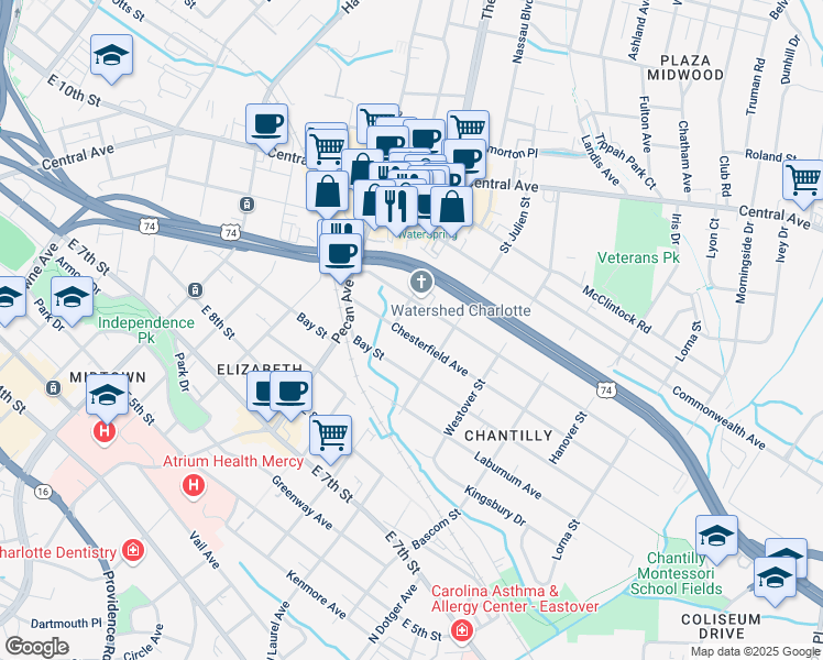 map of restaurants, bars, coffee shops, grocery stores, and more near 2115 Chesterfield Avenue in Charlotte