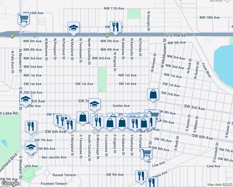 map of restaurants, bars, coffee shops, grocery stores, and more near 201 South Virginia Street in Amarillo