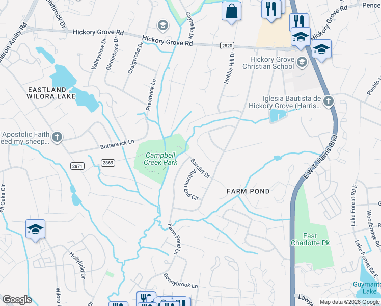 map of restaurants, bars, coffee shops, grocery stores, and more near 6633 Barcliff Drive in Charlotte