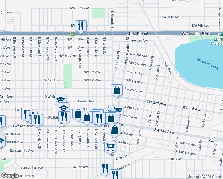map of restaurants, bars, coffee shops, grocery stores, and more near 200 South Georgia Street in Amarillo