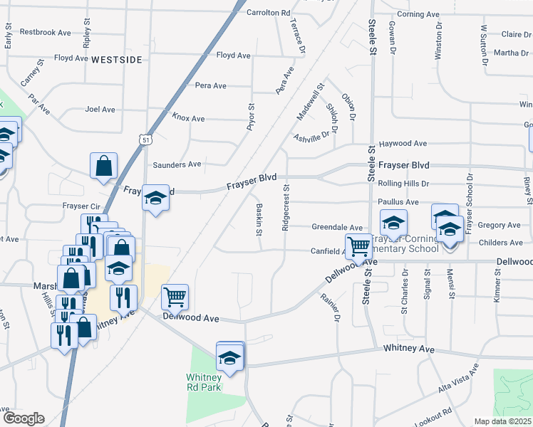 map of restaurants, bars, coffee shops, grocery stores, and more near 3294 Baskin Street in Memphis
