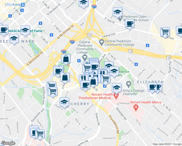 map of restaurants, bars, coffee shops, grocery stores, and more near 1401 Elizabeth Avenue in Charlotte