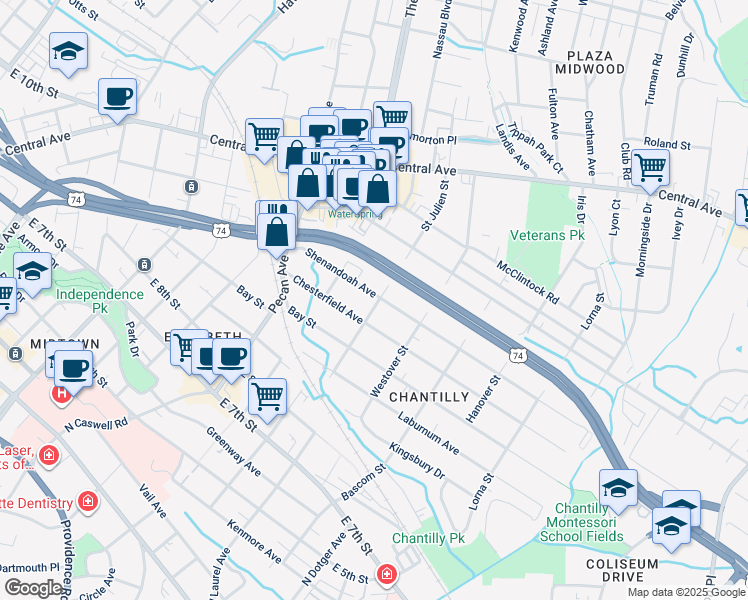 map of restaurants, bars, coffee shops, grocery stores, and more near 2140 Shenandoah Ave in Charlotte