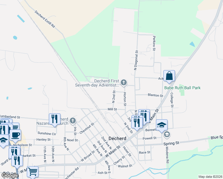 map of restaurants, bars, coffee shops, grocery stores, and more near 503 N 2nd St in Decherd
