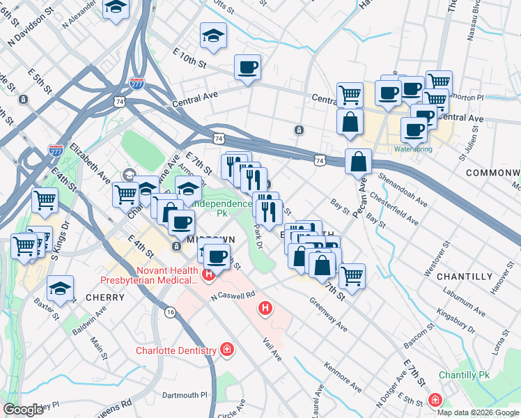 map of restaurants, bars, coffee shops, grocery stores, and more near 1721 East 7th Street in Charlotte