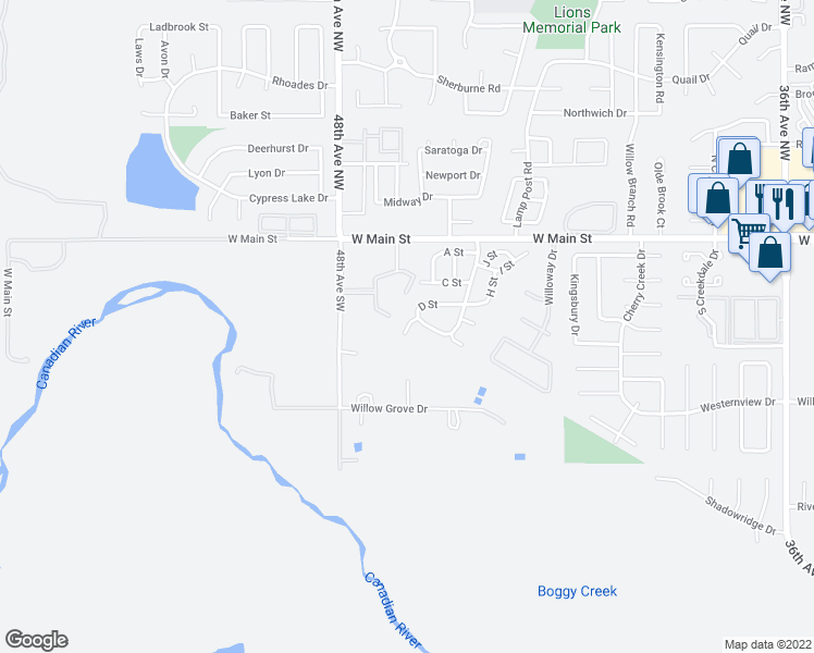 map of restaurants, bars, coffee shops, grocery stores, and more near E Street in Norman