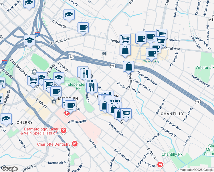 map of restaurants, bars, coffee shops, grocery stores, and more near 523 Clement Avenue in Charlotte