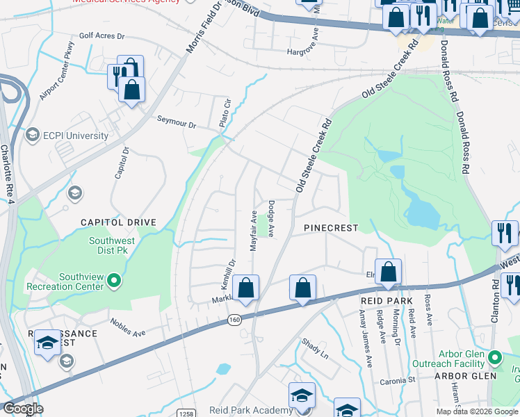 map of restaurants, bars, coffee shops, grocery stores, and more near 2652 Mayfair Avenue in Charlotte