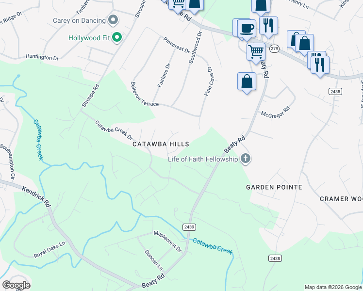 map of restaurants, bars, coffee shops, grocery stores, and more near 4049 Eastford Court in Gastonia