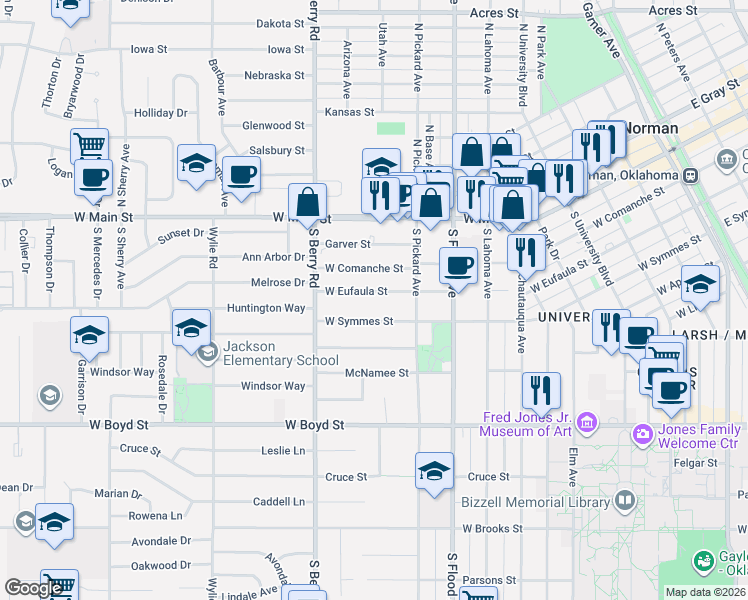 map of restaurants, bars, coffee shops, grocery stores, and more near 930 West Eufaula Street in Norman